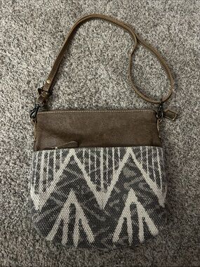 Myra Bag Coffee Canvas Small Crossbody Aztec Woven Geometric Leather